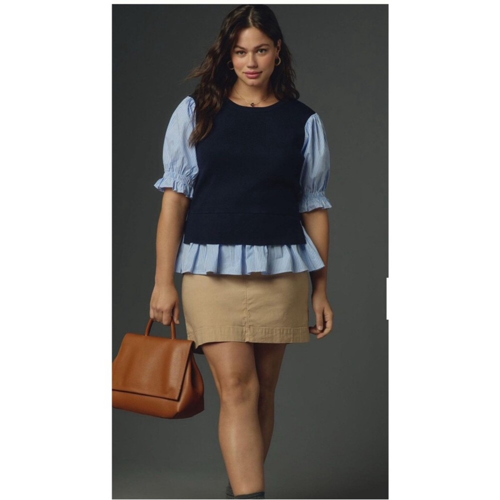 NWT navy Anthropologie layered poplin sleeve sweater size 1x